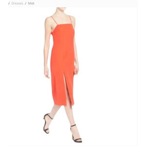 C/MEO COLLECTIVE The Playmate Orange Spaghetti Strap Cocktail Shift Midi Dress